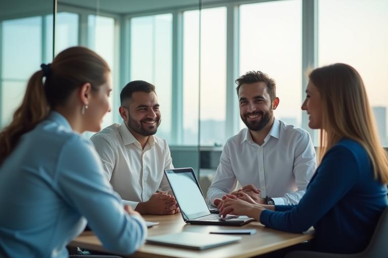 Al Amanah Sports Management team members in a professional discussion in a Dubai office