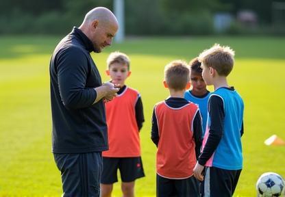 Youth football coach instructing players during a training session